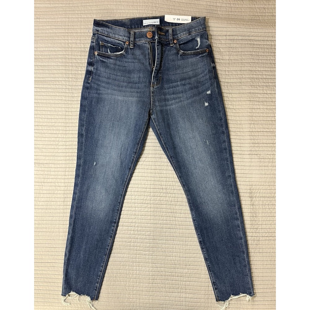 LOFT High Waist Skinny Ankle Raw Hem Blue Jeans Womens Size 26 2P Petite NWT